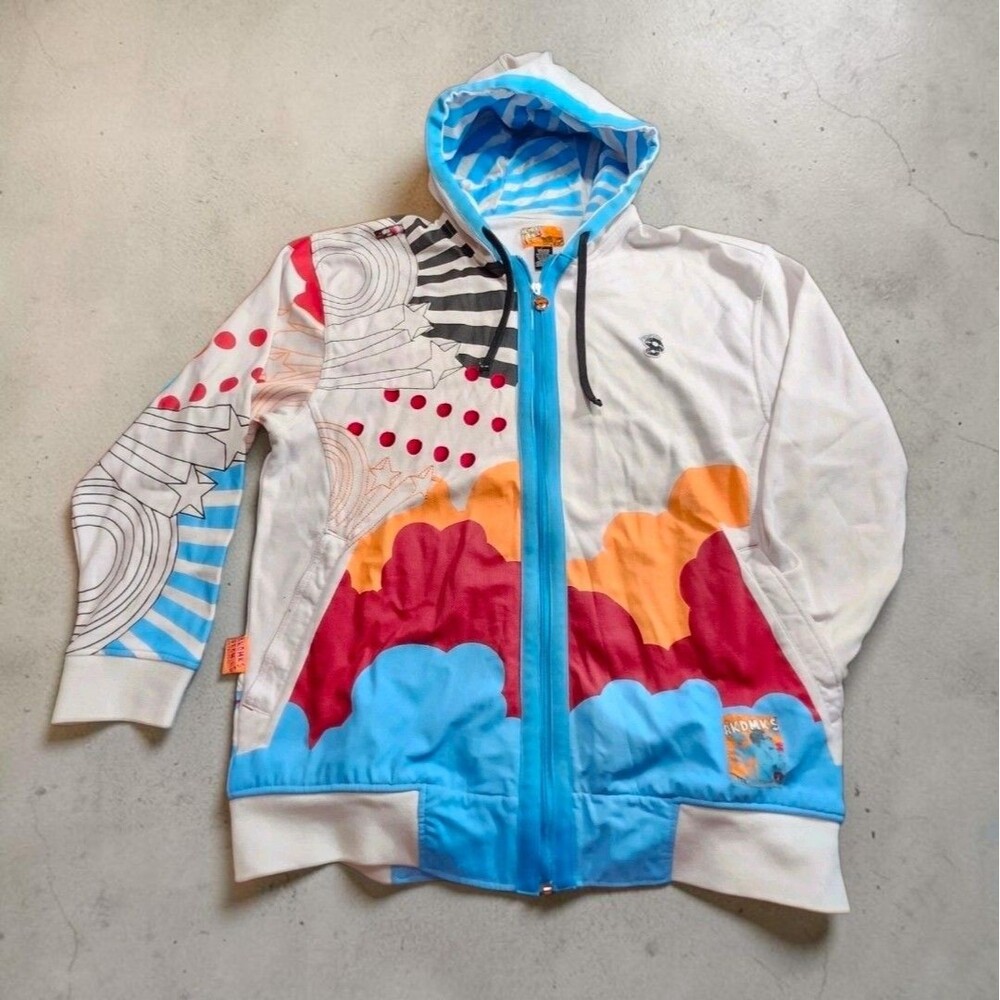 Vintage Y2K Akdmks Jeanius Baggy All Over Print Hoodie 2XL Colorblock Rare 2000s